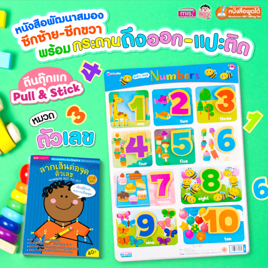 หนังสือเสริมพัฒนาสมองซีกซ้าย-ซีกขวา พร้อมกระดานดึงออก-แปะติด ตีนตุ๊กแก Pull & Stick : ตัวเลข