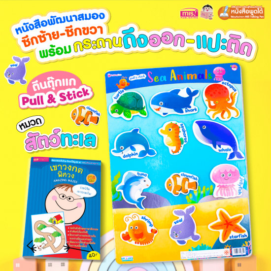 หนังสือเสริมพัฒนาสมองซีกซ้าย-ซีกขวา พร้อมกระดานดึงออก-แปะติด ตีนตุ๊กแก Pull & Stick : สัตว์ทะเล